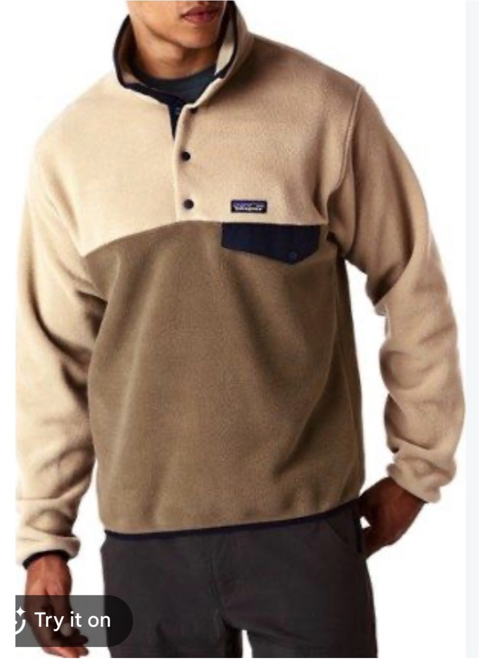 Patagonia Men’s Two-Tone Tan Snap-T Fleece Pullover with Navy Chest Pocket